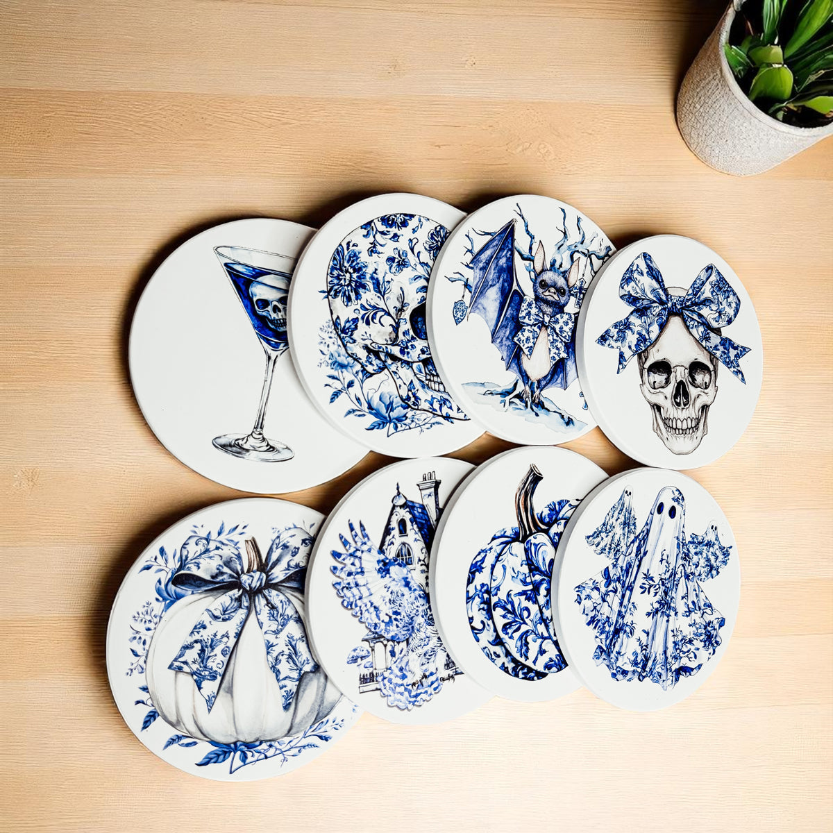 Chinoiserie skull decor
Blue and white chinoiserie Halloween coasters
Elegant Halloween table accessories